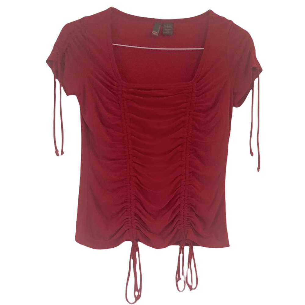 Sere Nade New York Petite Y2K Cinch Ruched Corset Style Tie Blouse Top Shirt